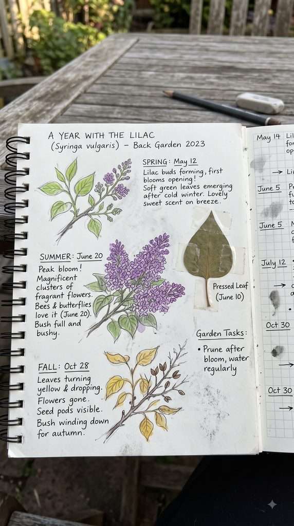 Nature journal page showing seasonal sketches of the same backyard plant.