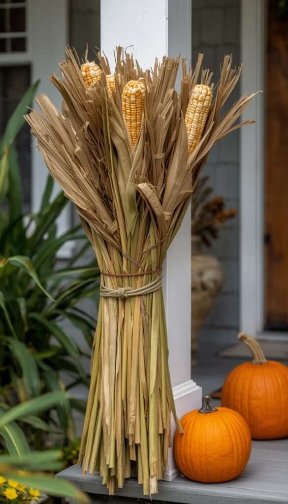 Cornstalk bundle secured to porch post with twine wrap