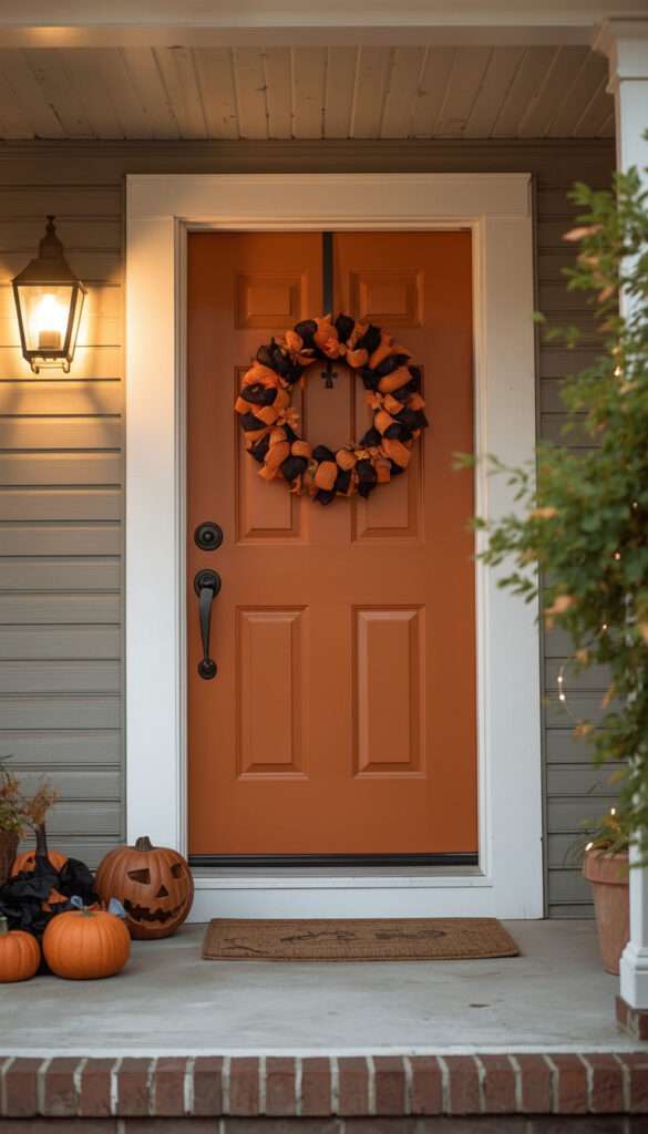 Simple Halloween front door decorated without damaging the door