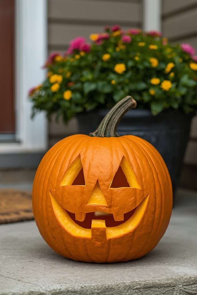 Simple stencil-carved pumpkin on suburban porch