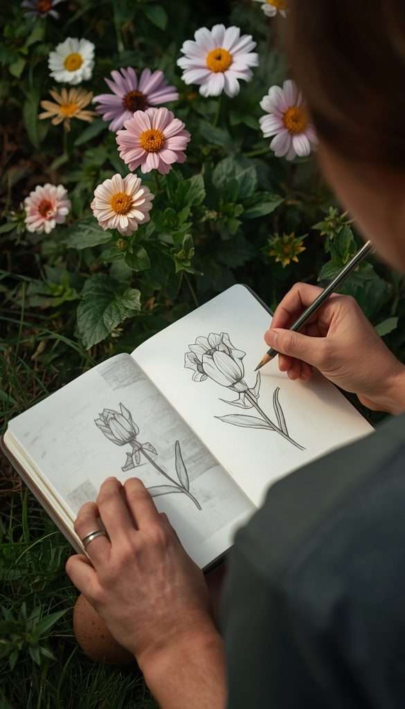 Gardener sketching a backyard flower in a simple nature journal.