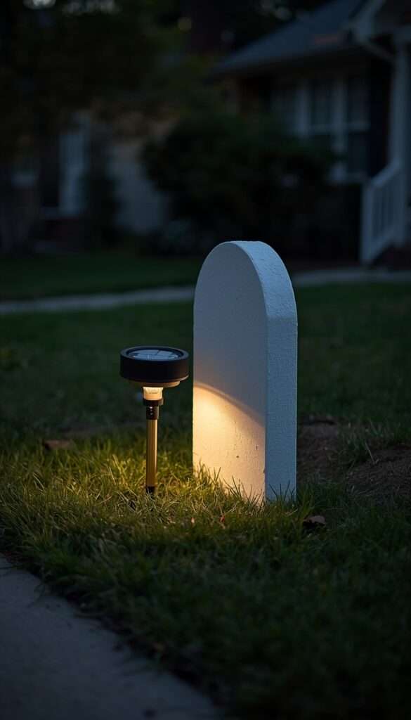 Solar spotlight uplighting a Halloween tombstone prop at dusk