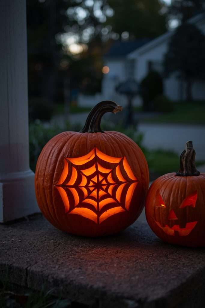 Spiderweb carved pumpkin glowing beside jack-o-lantern