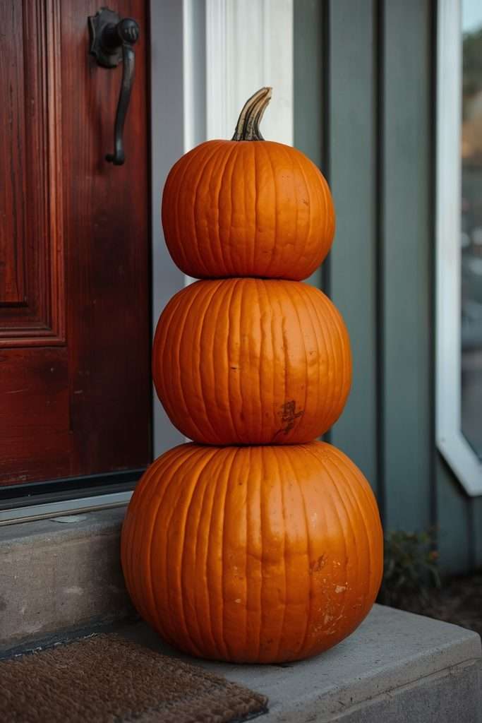 Stacked pumpkins forming a Halloween tower beside front door