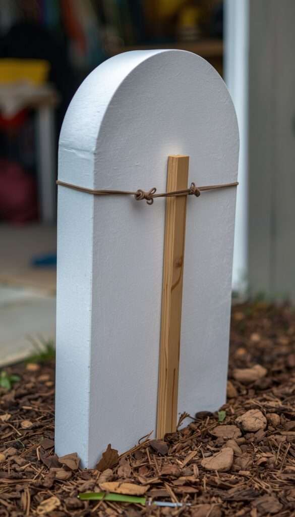 Wooden stake attached to back of foam Halloween tombstone prop