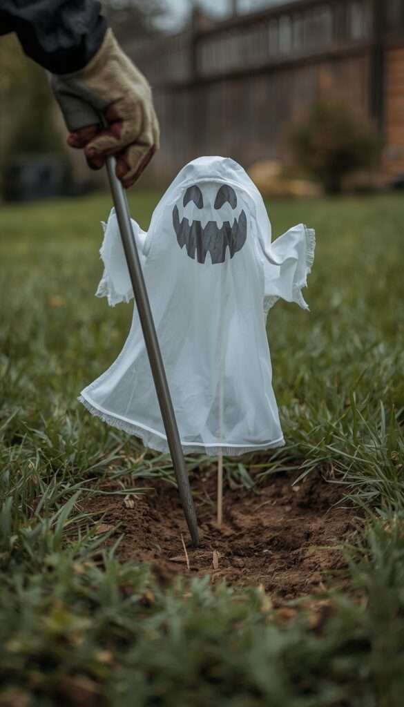 Hand staking metal ground anchor into soil beside fabric Halloween ghost decoration