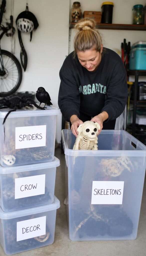 Halloween decorations being packed into labeled storage bins in garage
