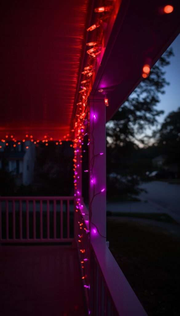 Orange and purple LED string lights wrapped around porch roofline