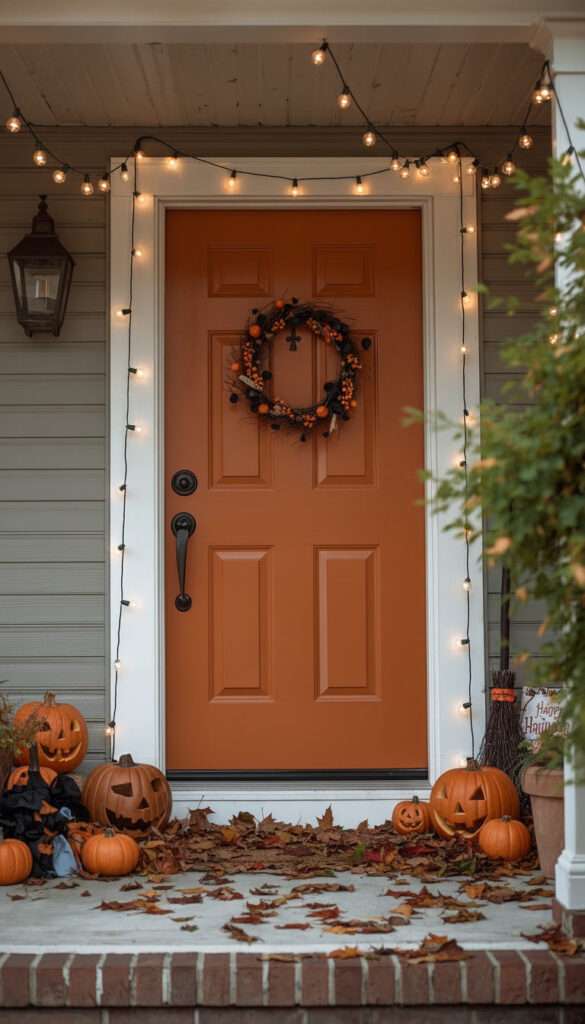 Weather-conscious Halloween decorations around a front door