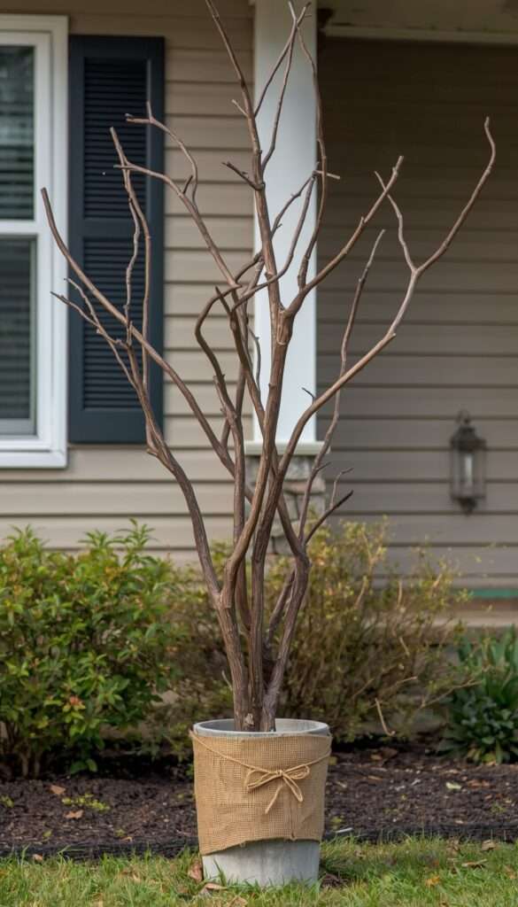 Spooky branch display anchored in burlap-wrapped concrete bucket base