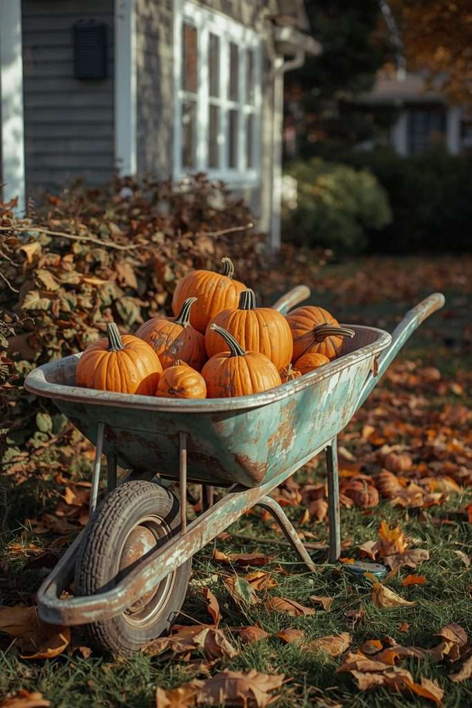Pumpkins and fall leaves displayed in old wheelbarrow