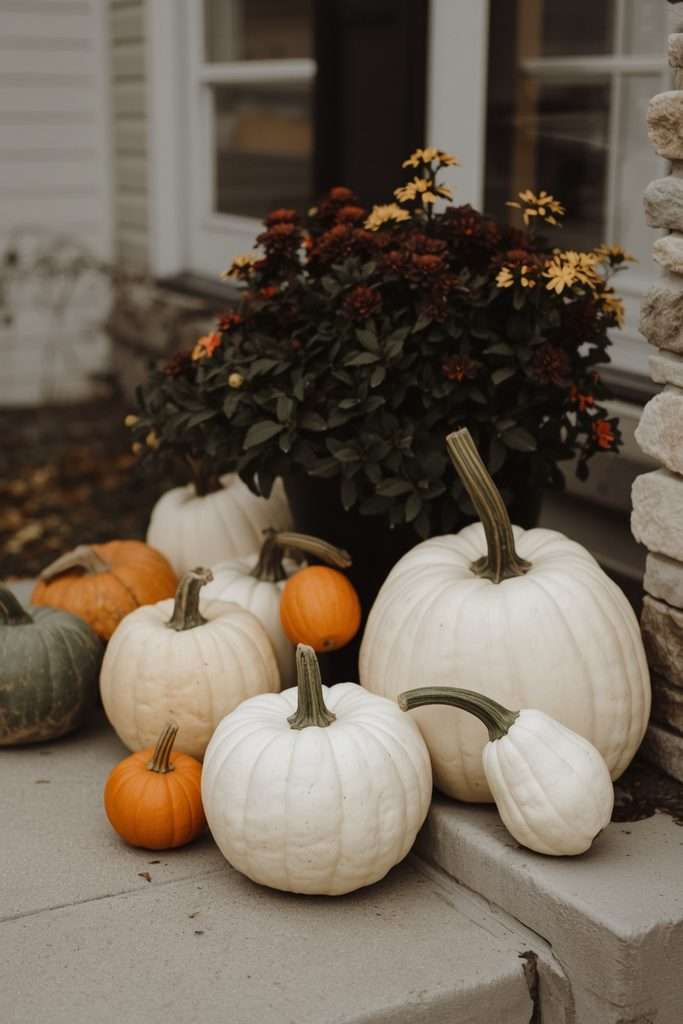 White and orange pumpkins arranged on a fall porch