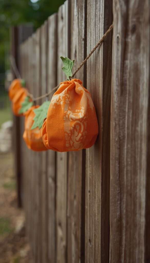 Pumpkin garland secured with hidden zip ties along fence