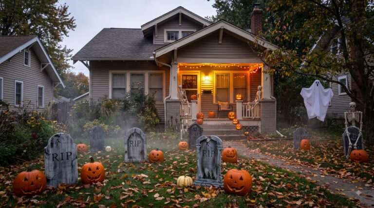 Spooky suburban Halloween yard with pumpkins, skeletons, tombstones and warm lighting.