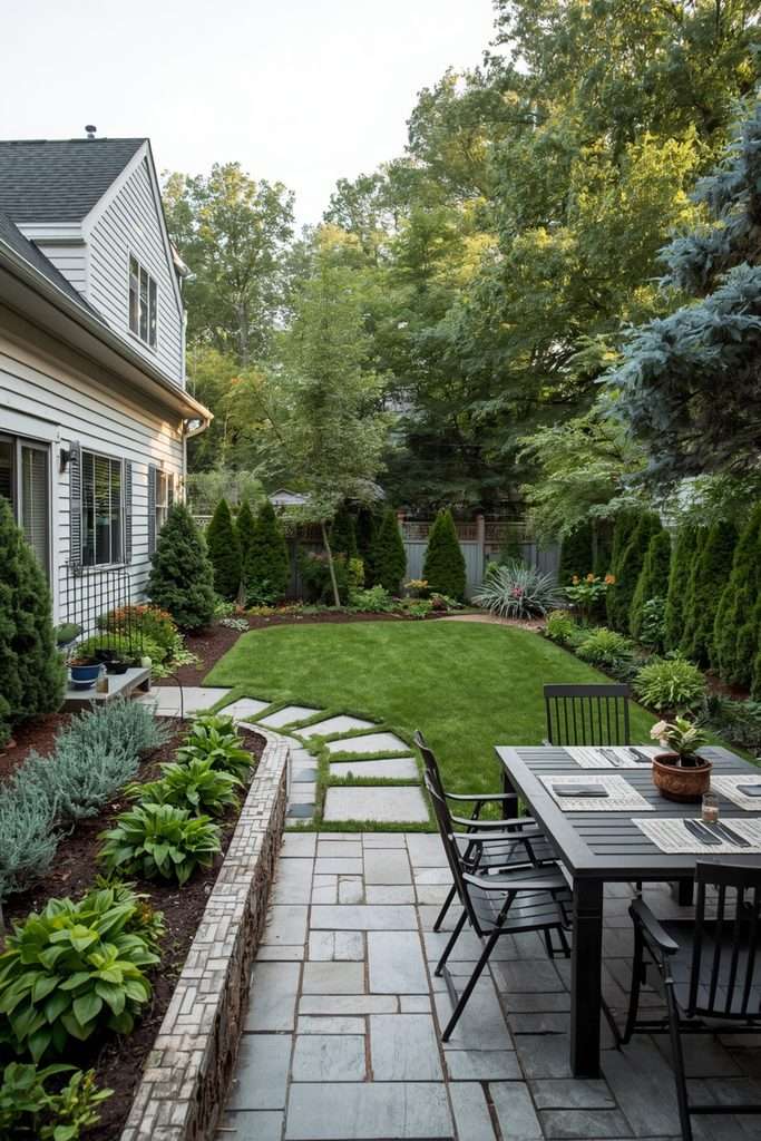 Backyard divided into several functional outdoor rooms with seating, lawn, and garden beds.