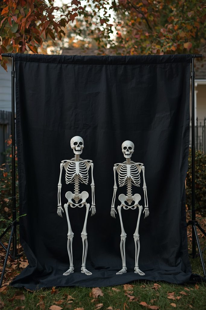 Black fabric backdrop creating a dark Halloween corner outdoors.