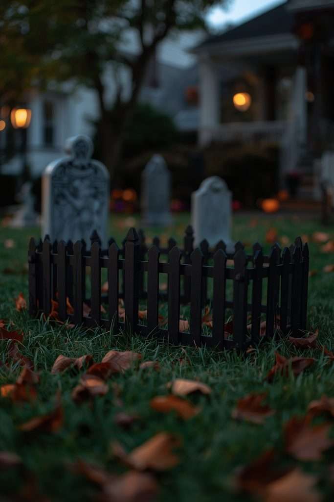 Small black fence surrounding a spooky Halloween graveyard display.