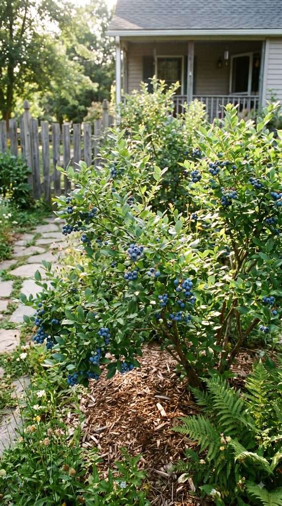 Blueberry bushes with ripening fruit growing in a landscaped garden border.