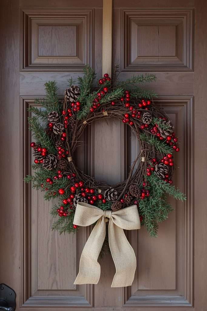 Rustic burlap Christmas wreath with pinecones on front door