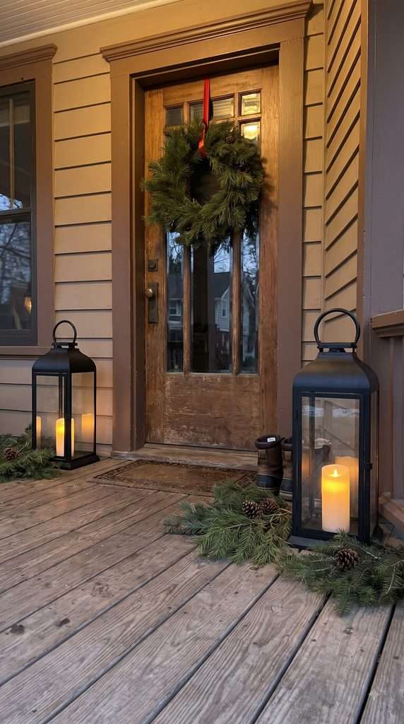 Two black metal lanterns with glowing candles and evergreen accents decorate a front porch beside the Christmas wreath.