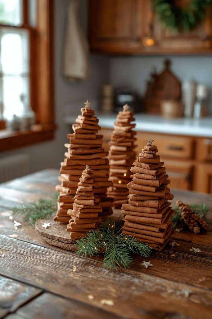 Handmade cinnamon stick Christmas trees on rustic kitchen table