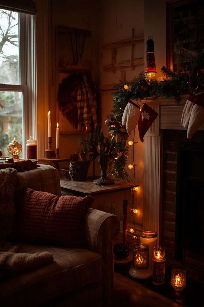 Collected vintage and modern Christmas decorations in a cozy family living room.