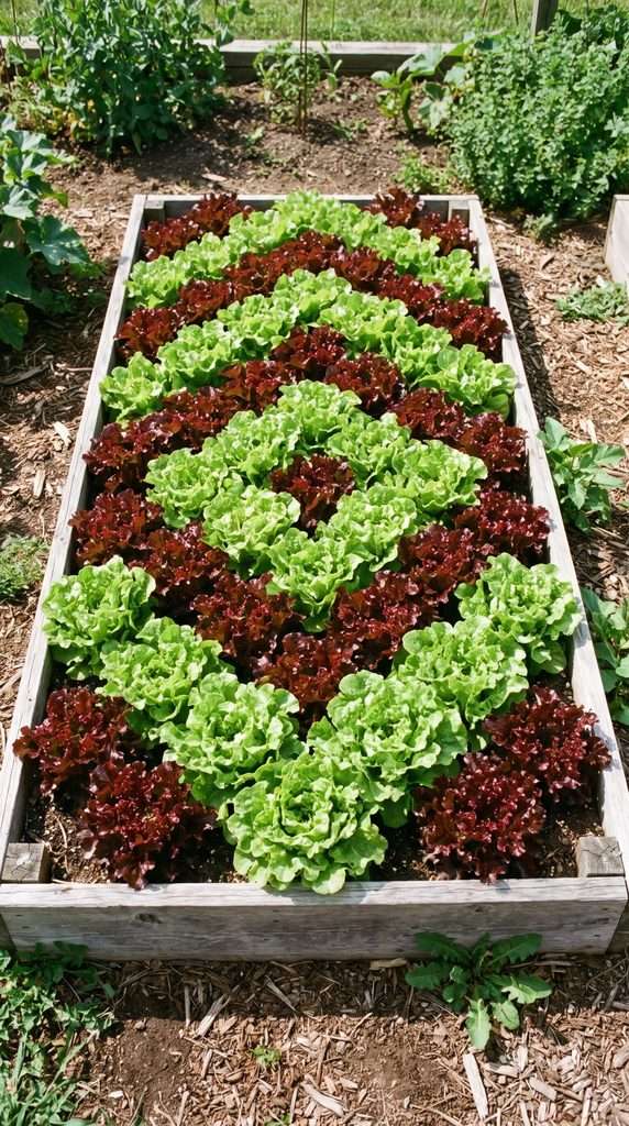 Red and green lettuce growing in organized groups in an ornamental edible garden.