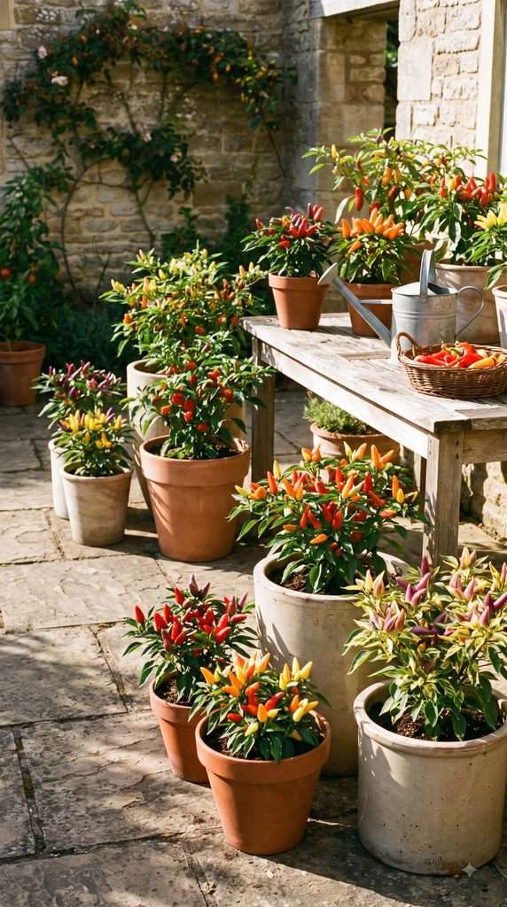 Colorful edible pepper plants growing in containers on a sunny patio.