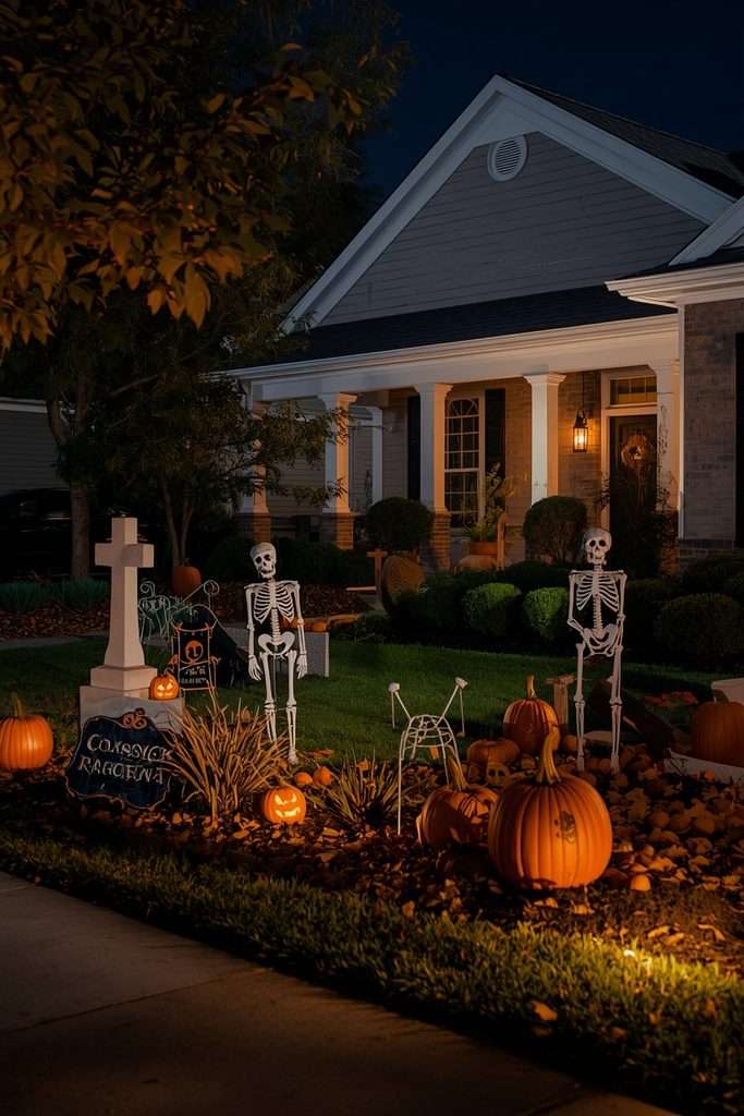 Realistic suburban Halloween yard combining pumpkins, skeletons and spooky lighting.