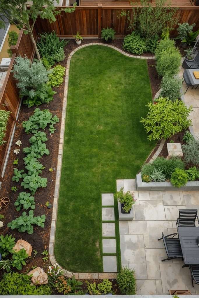 Backyard with several connected outdoor rooms for gardening, dining, and relaxing.