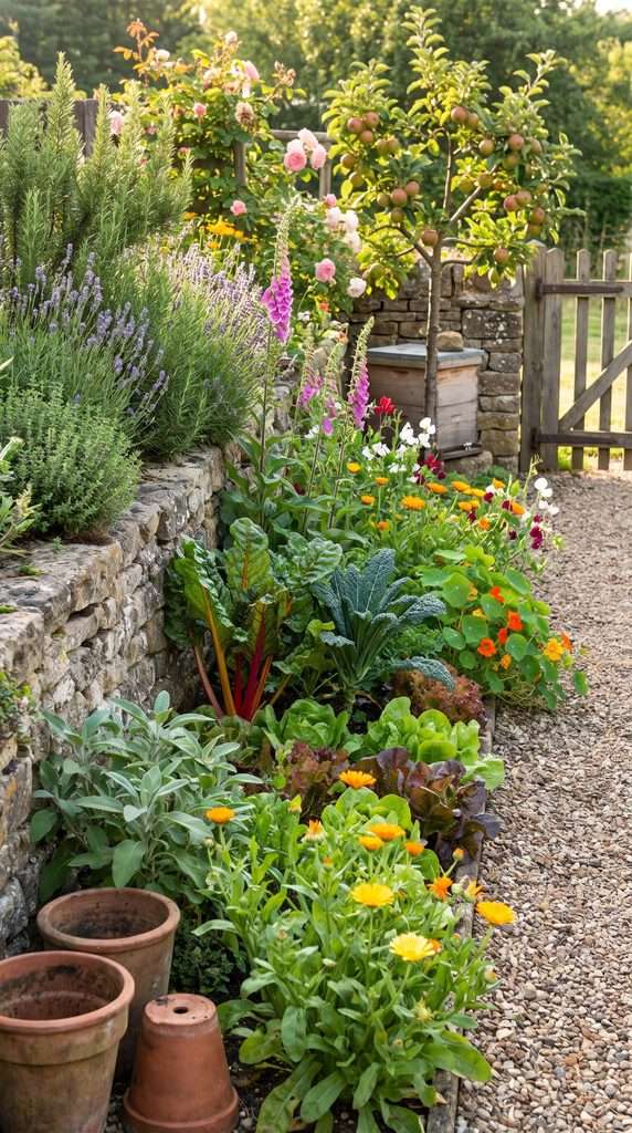 Layered cottage-style edible garden with herbs, vegetables, and flowering plants.