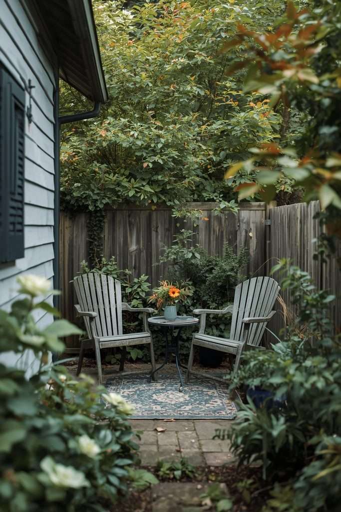 Cozy backyard seating nook surrounded by garden plants.