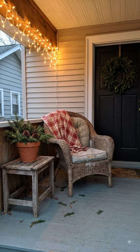 Cozy front porch seating with a plaid blanket, evergreen decorations, and warm Christmas string lights.