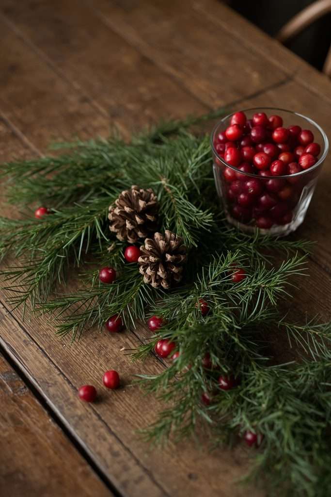 Evergreen branches cranberries and pinecones forming a vintage Christmas centerpiece.