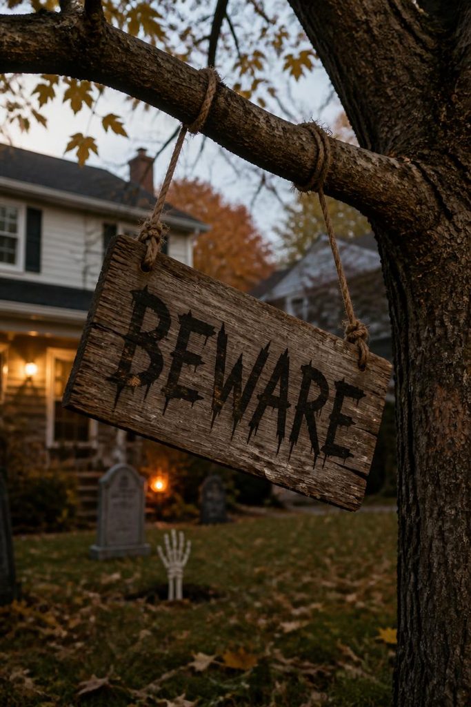 Crooked weathered beware sign hanging from a Halloween yard tree.