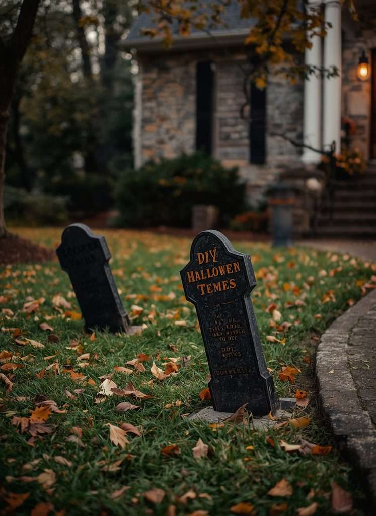 Crooked Halloween tombstones creating a spooky suburban front yard graveyard.