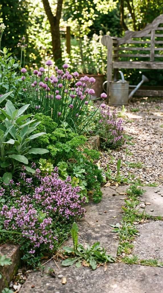 Culinary herbs planted in a decorative border beside a garden path.