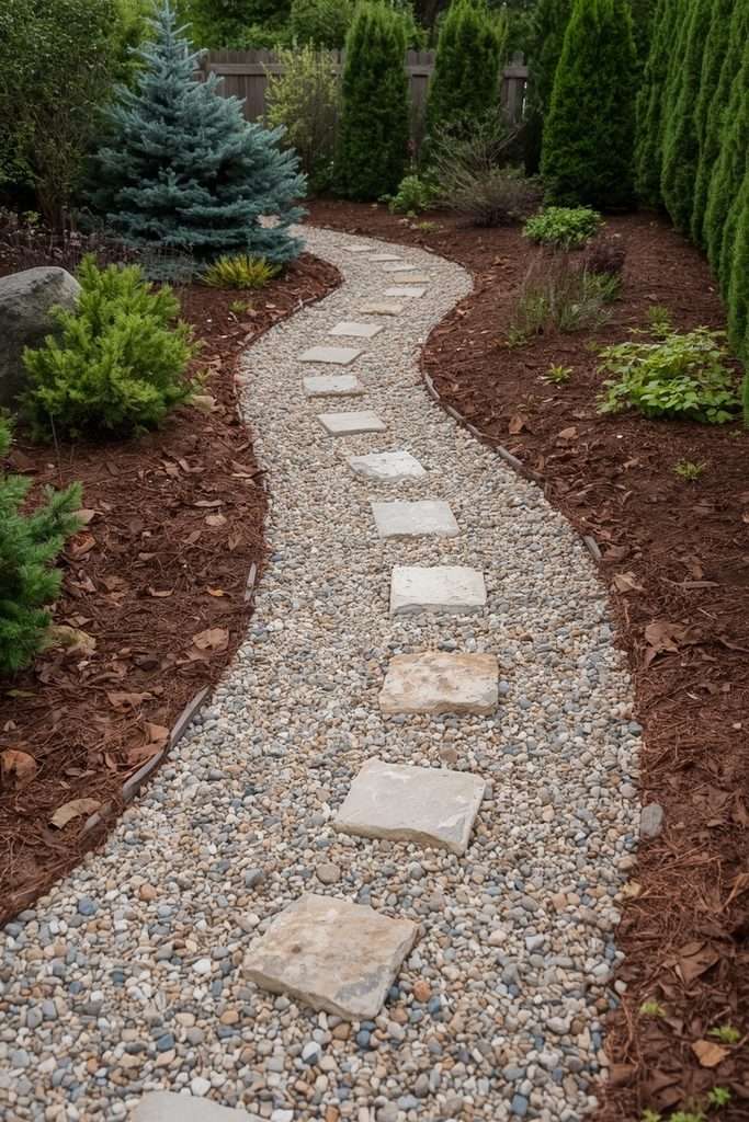 Curved garden path separating different areas of a backyard.