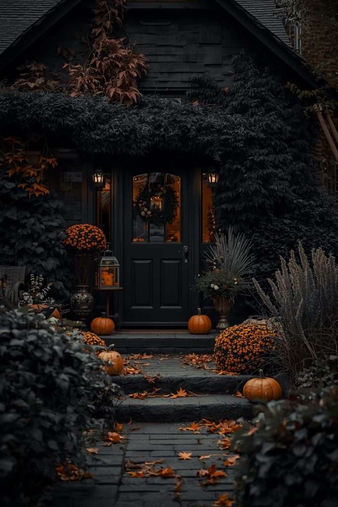 Moody cottage garden decorated with subtle Halloween pumpkins and lanterns.