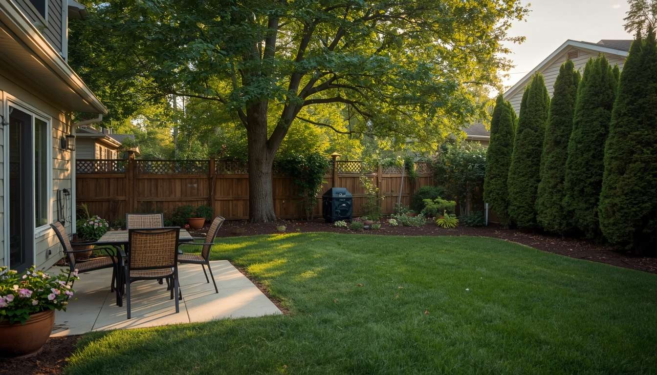 Realistic suburban backyard divided into separate outdoor rooms with a patio, garden path, and seating area.