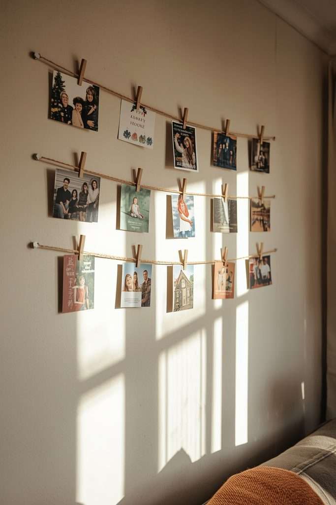 Homemade Christmas card display hanging from twine