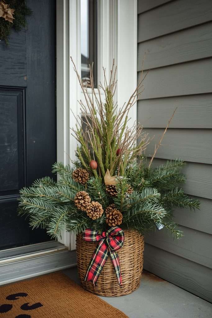 Homemade evergreen Christmas basket beside a decorated front porch