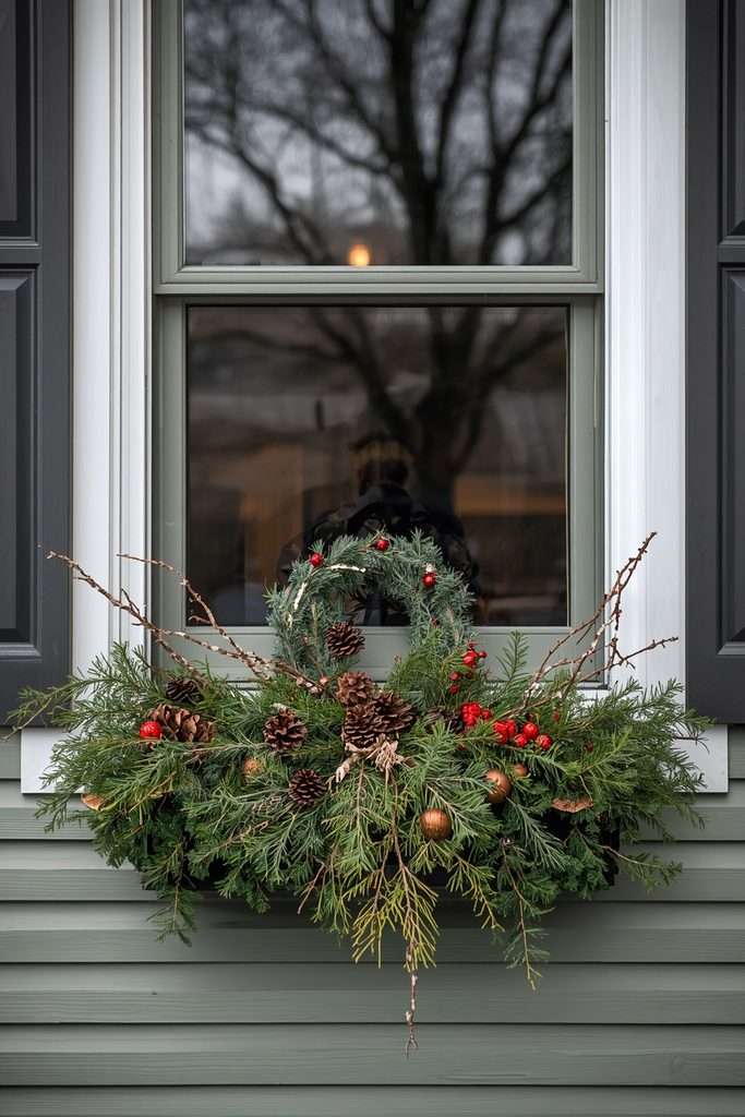 Evergreen Christmas window box with pinecones and winter greenery