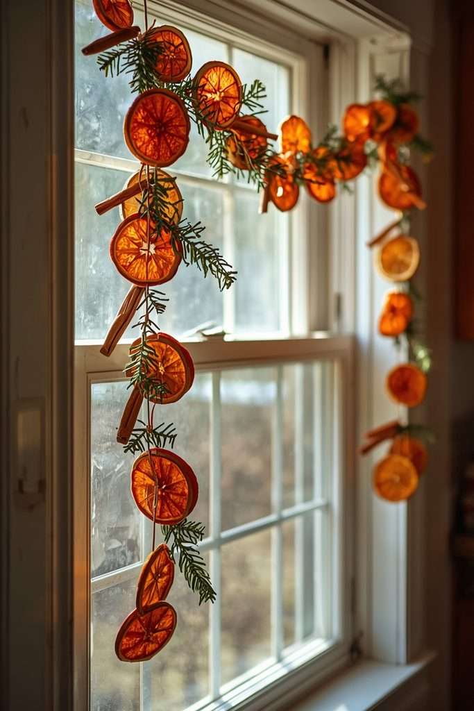 Dried orange and cinnamon Christmas garland hanging by kitchen window