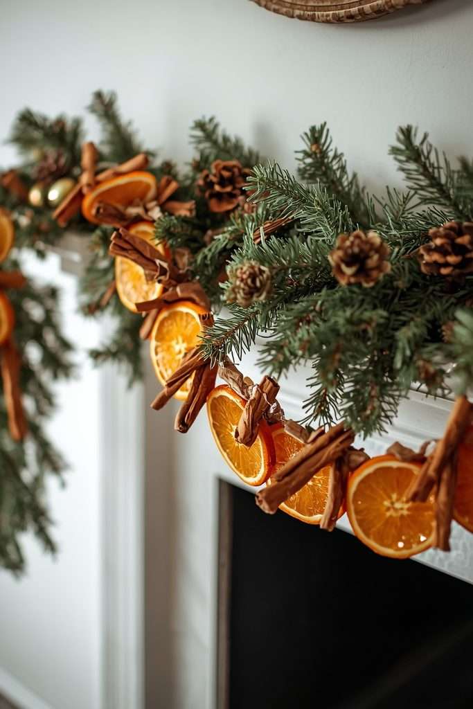 Dried orange slices and cinnamon sticks in a natural Christmas garland.