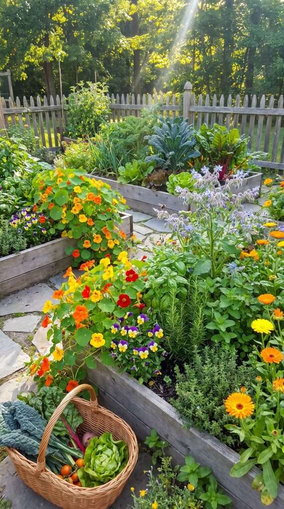 Edible flowers growing beside leafy greens and herbs in a mixed garden bed.