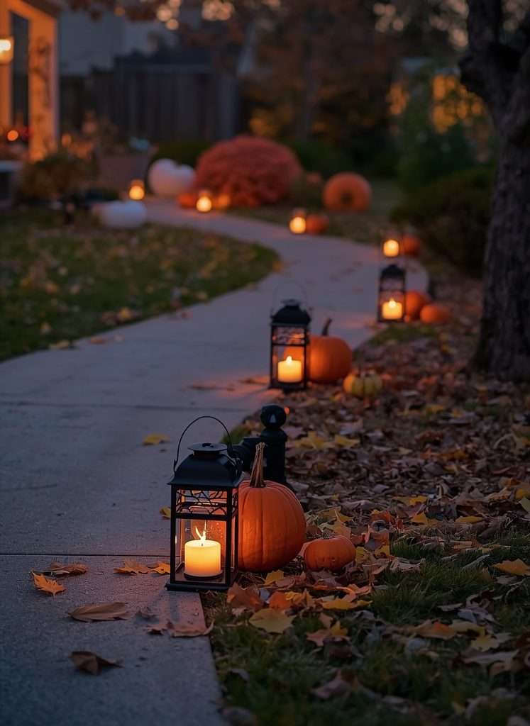 Flickering lanterns lighting a spooky Halloween walkway at night.