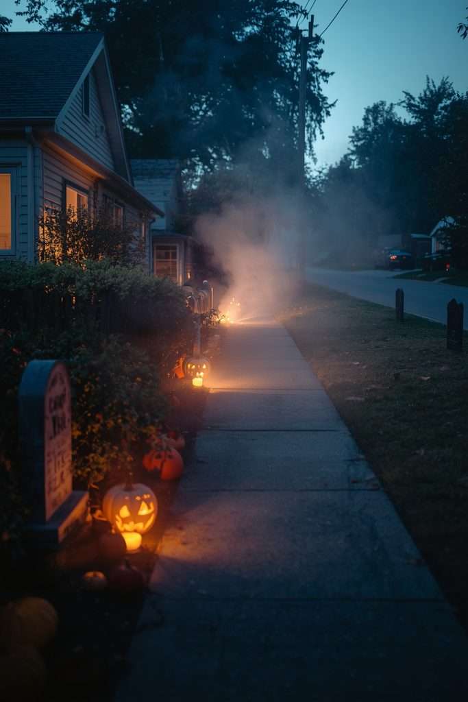 Thin Halloween fog drifting around pumpkins along a front walkway.