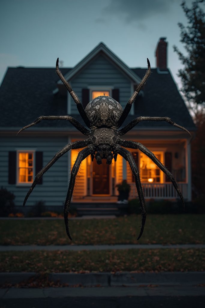 Giant black spider climbing across a suburban house for Halloween.