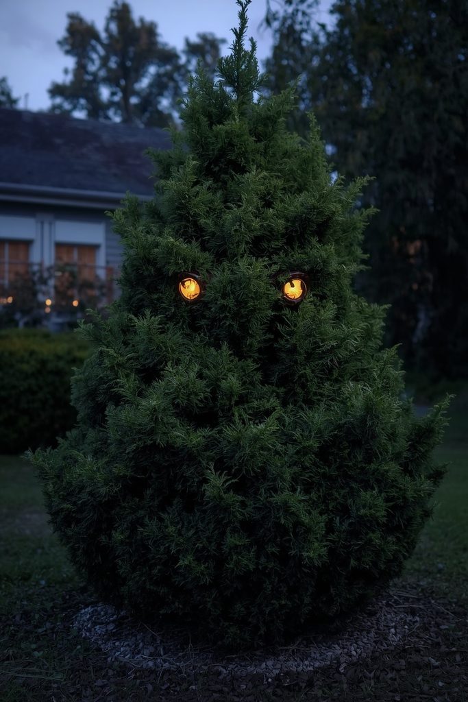 Evergreen shrub decorated as a spooky Halloween monster with glowing eyes.